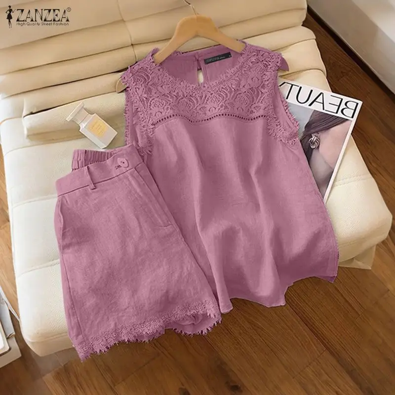ZANZEA femmes été ensembles courts mode 2 pièces Vintage décontracté ample 2 pièces tenues 2026 sans manches dentelle débardeurs et Shorts ensembles