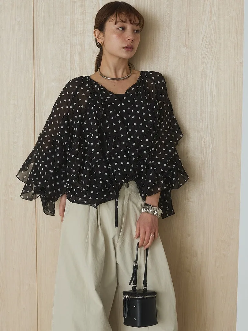 Elegant Polka Dot Ruffle Hem V Neck Long Sleeve Thin Chiffon Top Women Summer New Style Korean Loose Fit Business Wear