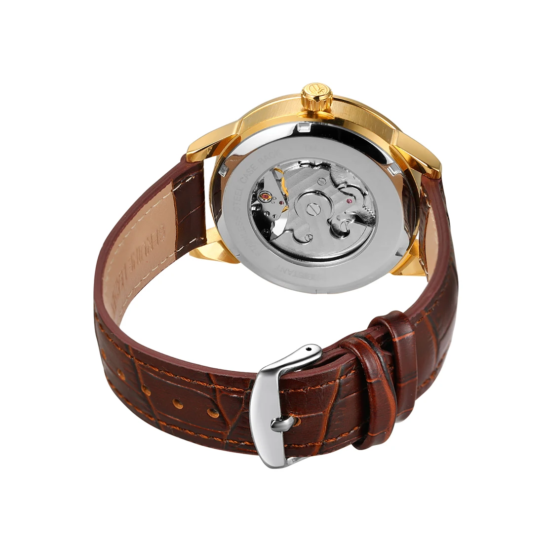 Forsining Retro Moon Phase Skeleton Automatic Watch for Men Luxury Brand Tourbillon Gold Mechanical Watches Brown Leather Strap