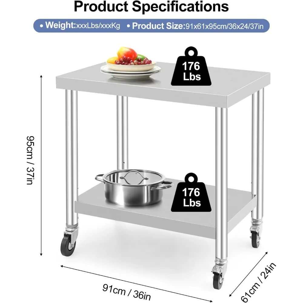 طاولة من الفولاذ المقاوم للصدأ مع عجلات، طاولة إعداد الطعام للمطبخ، طاولة معدنية تجارية شديدة التحمل مع قاعدة سفلية قابلة للتعديل