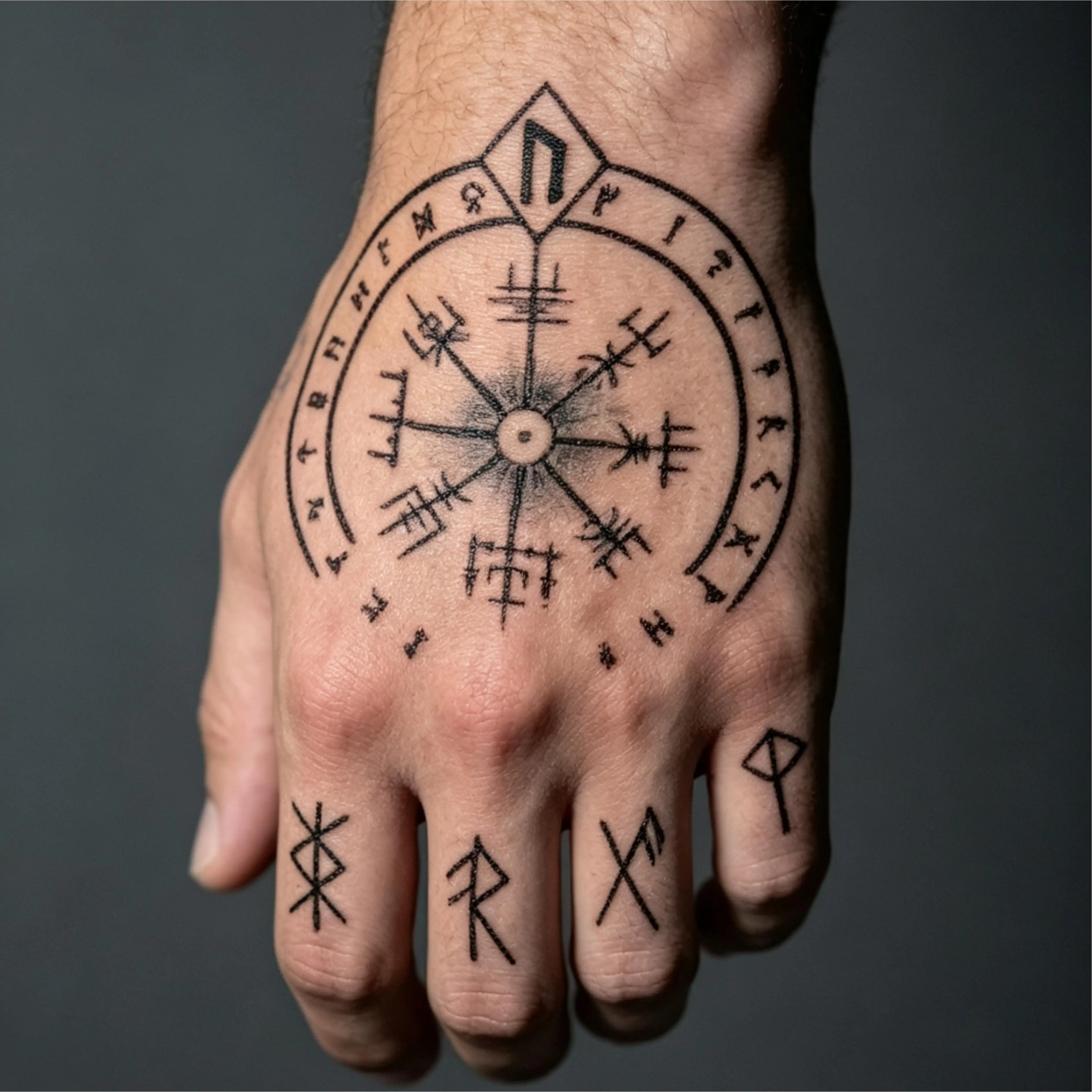 Temporary Tattoos Featuring Runic Characters Inspired by Norse Viking Culture, as Well as a Circular, symbolic Design Resembling