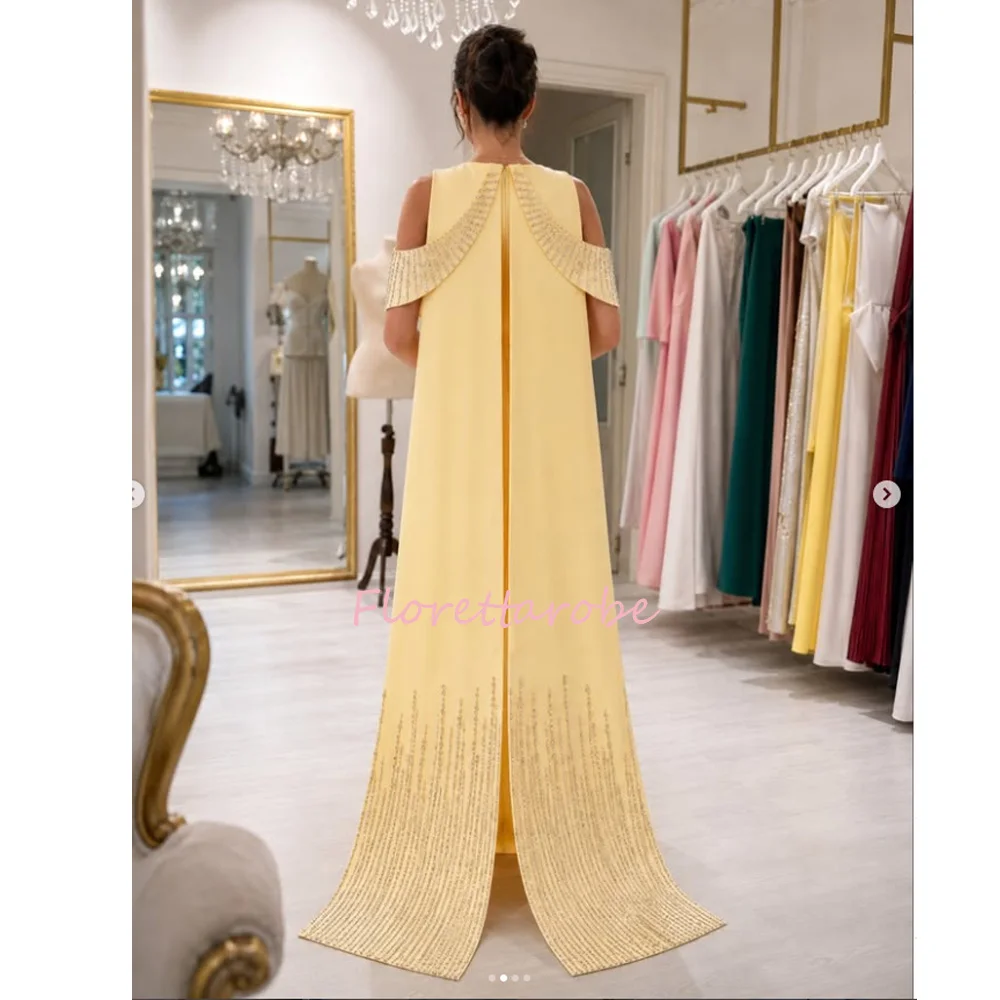 Customized Pale Yellow Jersey Beaded Cold Shoulder Mother Of The Bride Gown Cape Gown Trim Mermaid Formal Wedding Parrty Dress