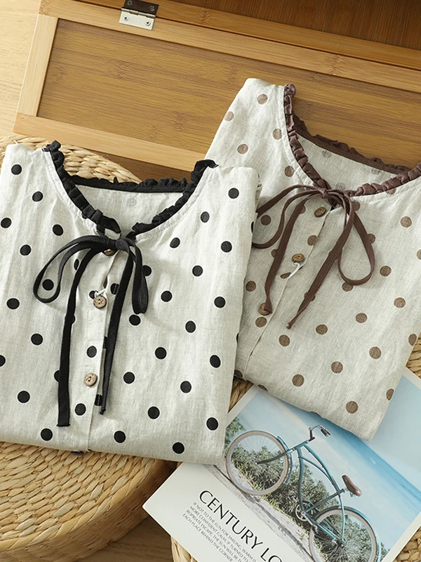 Summer Casual Loose Polka Dot Linen Svel irt Women's Cotton Linen Small Top with Belt Floral Collar Button Detail