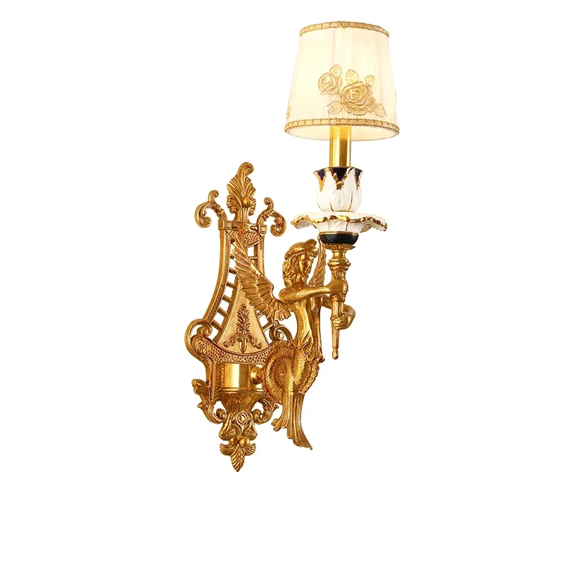 

French luxury all copper ceramic wall lamp, fabric lampshade, home living room, bedroom, bedside wall lamp
