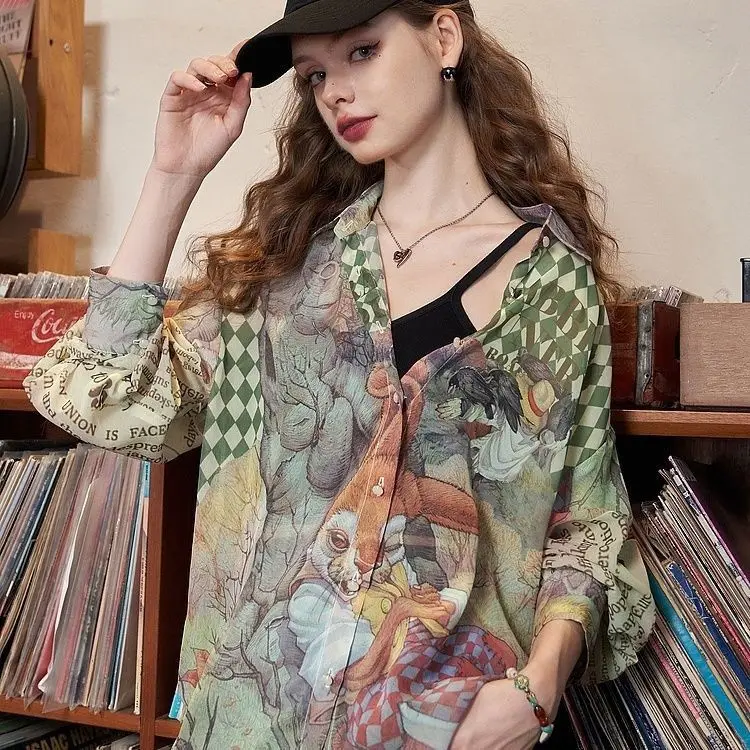 

Chiffon Floral Sun Protective Shirt New Summer Print Design Loose Long Sleeve Top