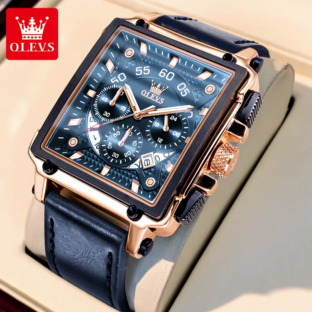 OLEVS Watches for Men Quartz Chronograph Leather Watch Date Waterproof Luminous Casual Square Fashion Business Wrist Watches