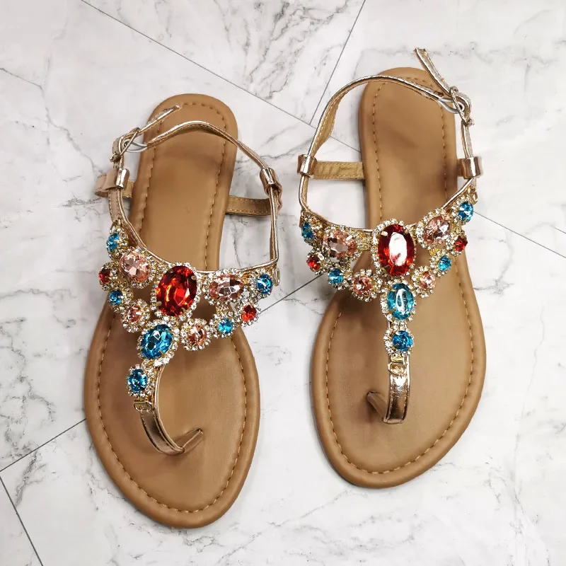 Women\'s Sandals 2023 New Summer Casual Flat Sandal Straps Diamonds Fashion Gladiator Woman Beach Shoes Gold Large Size 37-41