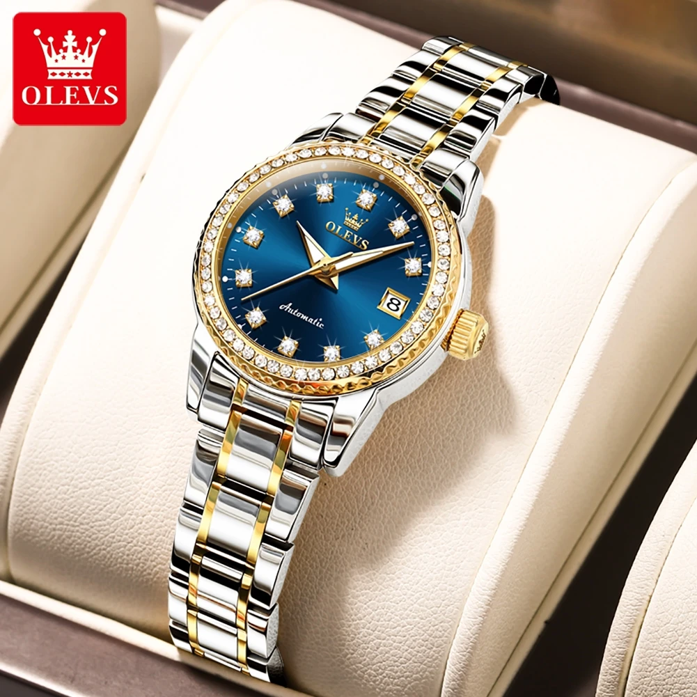 OLEVS Brand Luxury Diamond Dial Mechanical Watch for Women Stainless Steel Strap Waterproof Luminous Date Fashion Women Watches