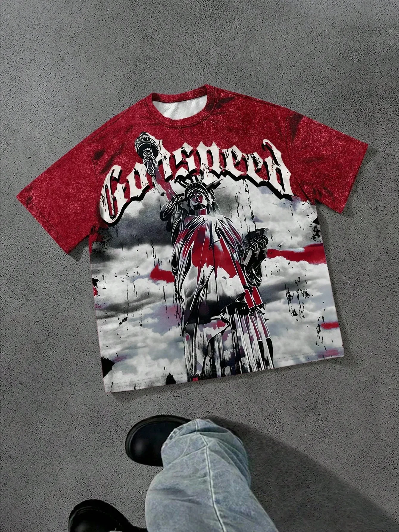3D Printed Oversized Tshirt Mens Statue Liberty Gothic Vintage Wash Streetwear Red Black Graphic Short Sleeve Casual Hip Hop