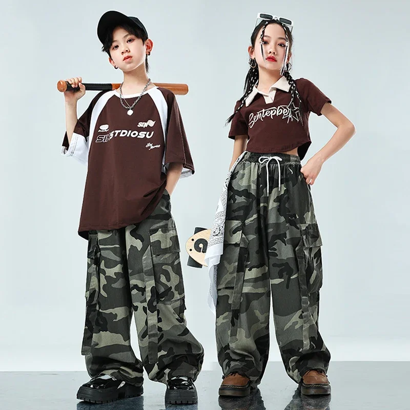 

Summer Street Dance Children's Clothing Boys Brown Tops Hip Hop Camouflage Pants Girls Fashion Jazz Dance Costume