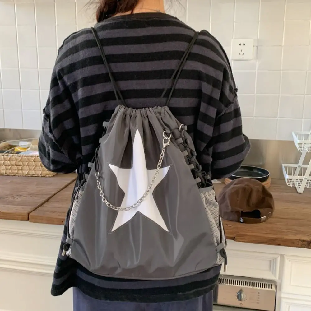 Korean Solid Color Star Drawstring Backpacks Harajuku Style Y2k Ruched Shoulder Bags Korean Canvas Nylon Backpacks Men Women