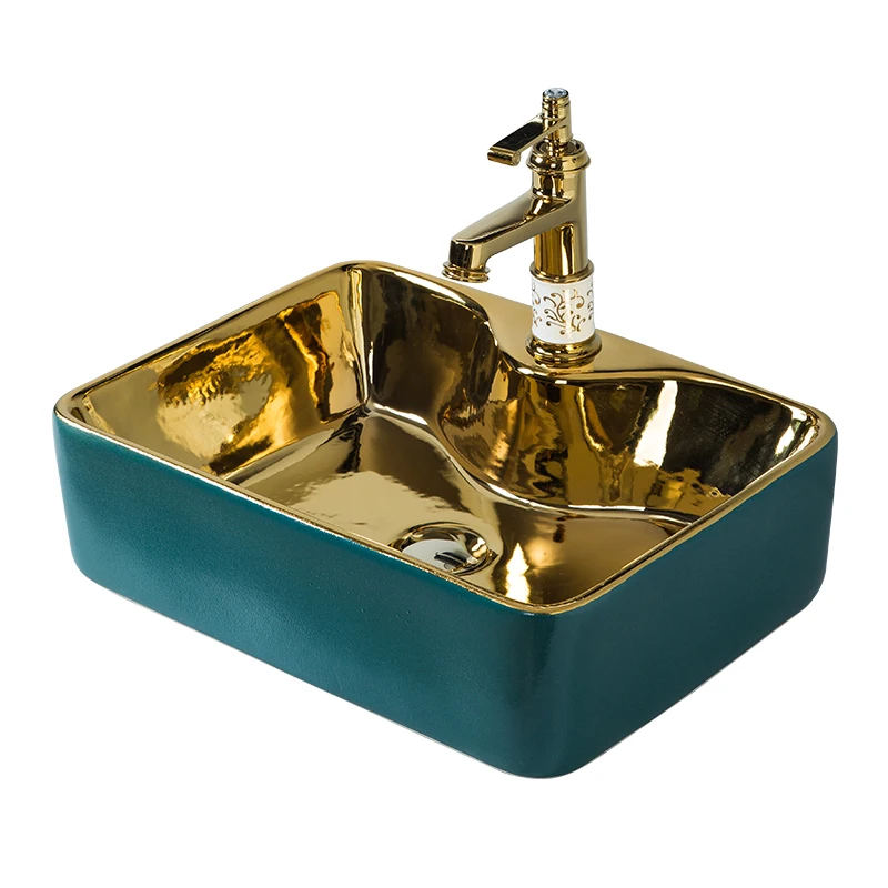 Lavabo de encimera de estilo europeo, lavabo dorado ultrafino de lujo ligero, lavabo de cerámica de una sola cara, lavabo cuadrado verde