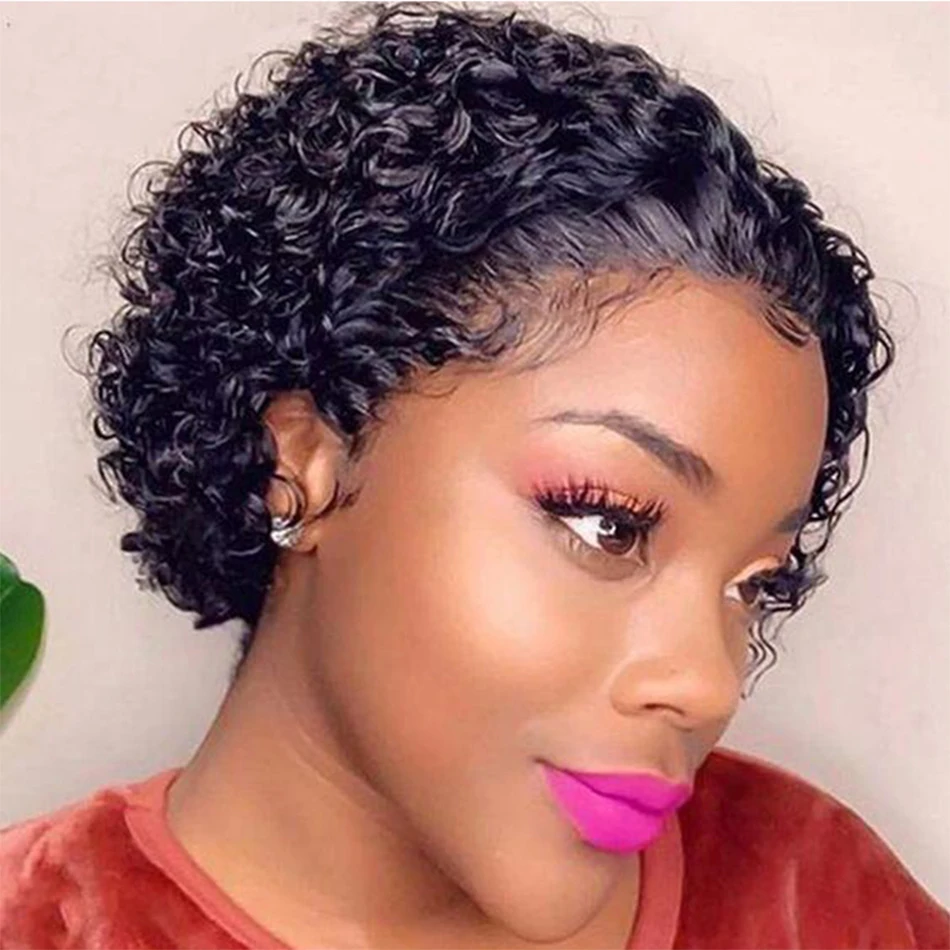 Pixie Cut Wig Kinky Curly Human Hair Wig Honey Blonde Burgundy Colored Short Curly Bob Wigs Pre plucked 13x1 Lace Frontal Wigs