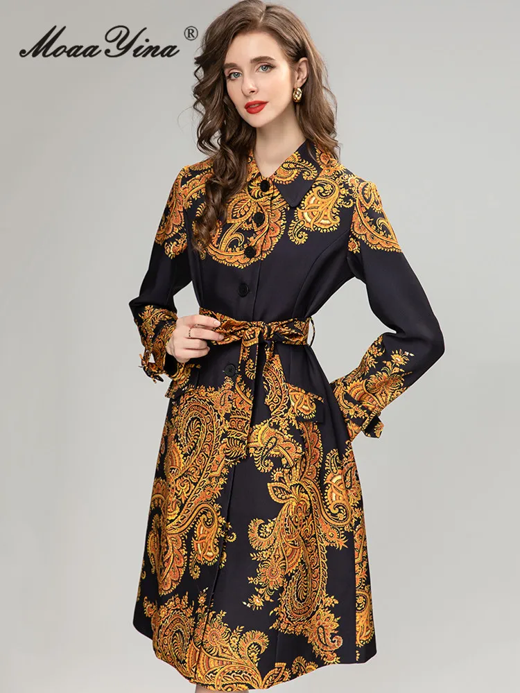 

MoaaYina Autumn Fashion Runway Vintage Print Party Dress Women Lapel Single Breasted Frenulum High Waist Slim A-LINE Midi Dress