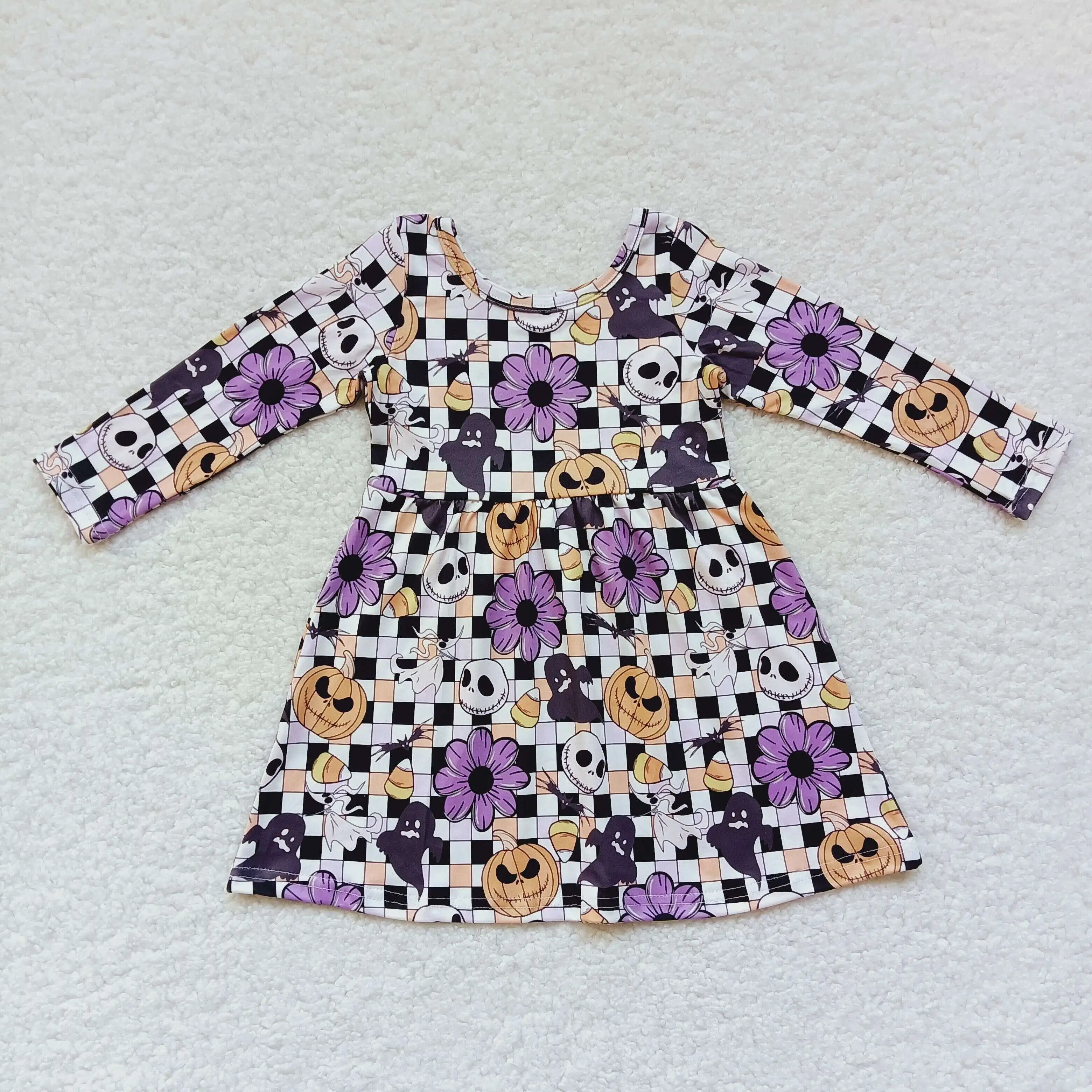 

GLD0233 Kids Halloween Clothes Long Sleeve Milk Silk Pumpkin Print Baby Girl Dress