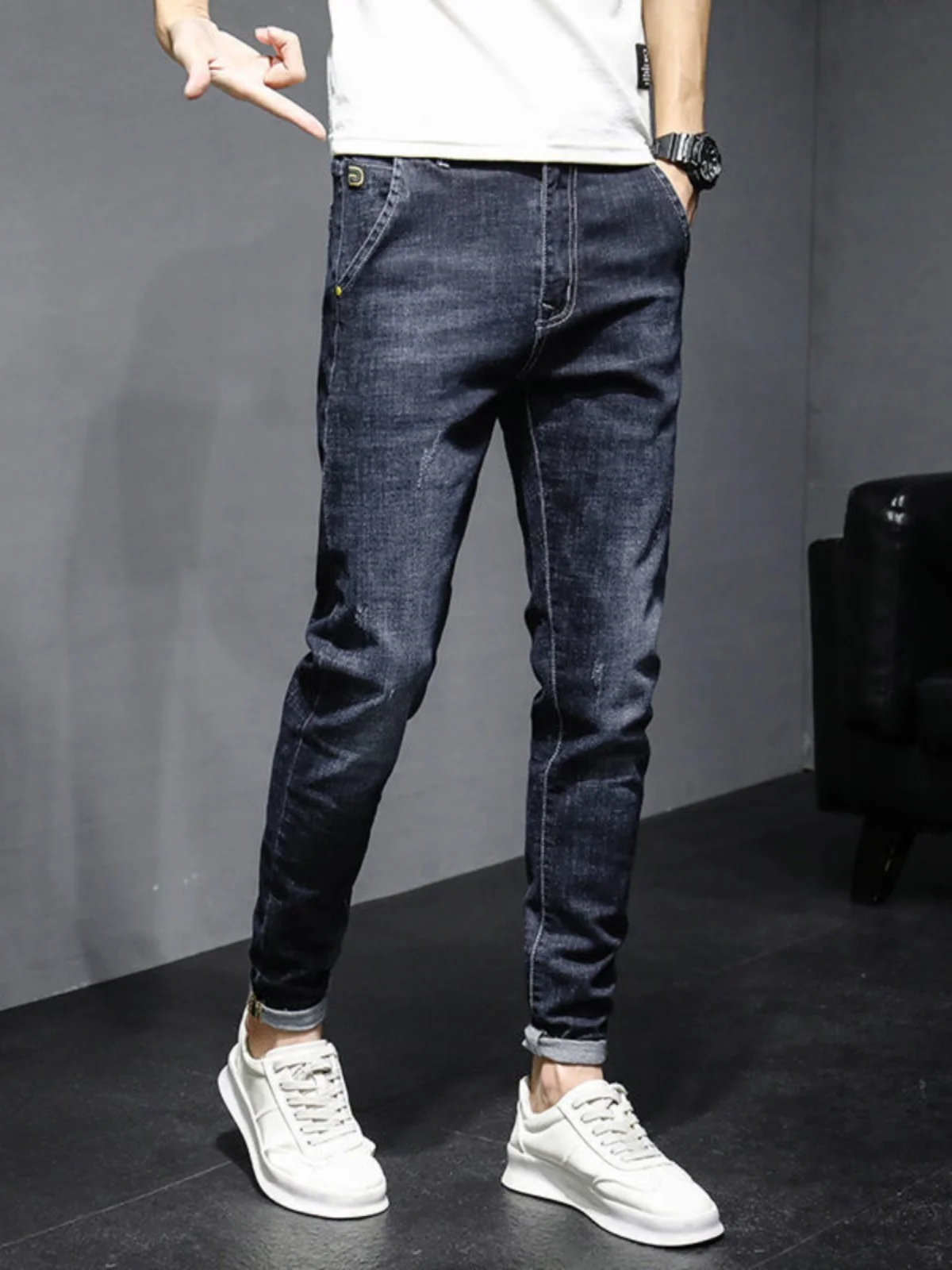 

Облегающие эластичные модные мужские джинсы, универсальные повседневные длинные брюки, осень-зима, молодежные джинсовые джинсы со средней талией на молнии