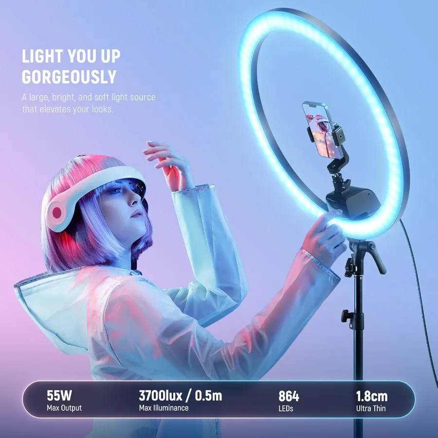 18 Inch RGB LED Ring Light Kit with Reversible Tripod Stand and App Control for iPhone Ultra Slim Design Ideal for Makeup Appli