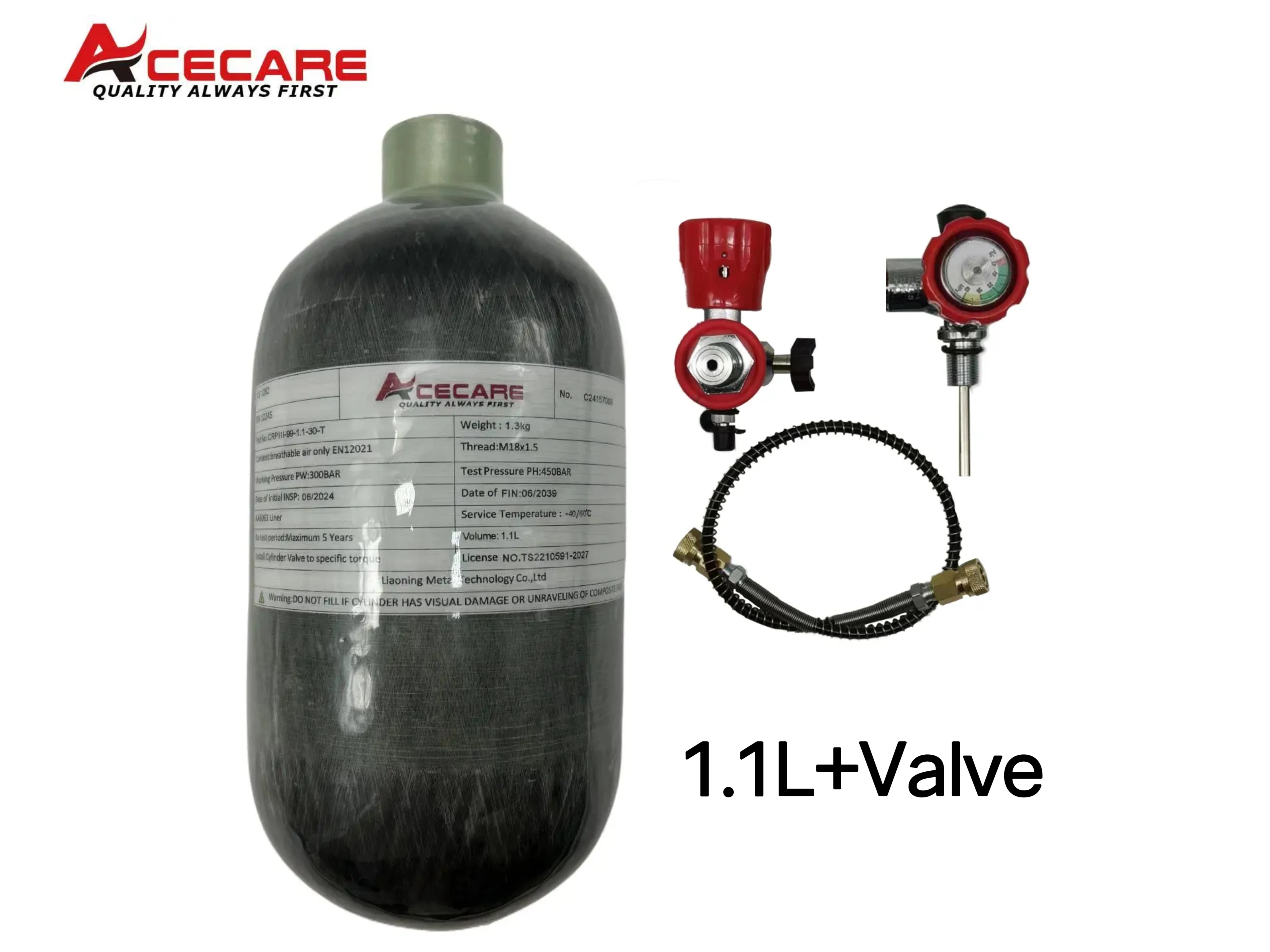 Acecare 4500Psi 300Bar 1.1L Cylinder z włókna węglowego Wysokociśnieniowy zbiornik powietrza Stacja napełniania Zawór regulacyjny Nurkowanie M18 * 1.5