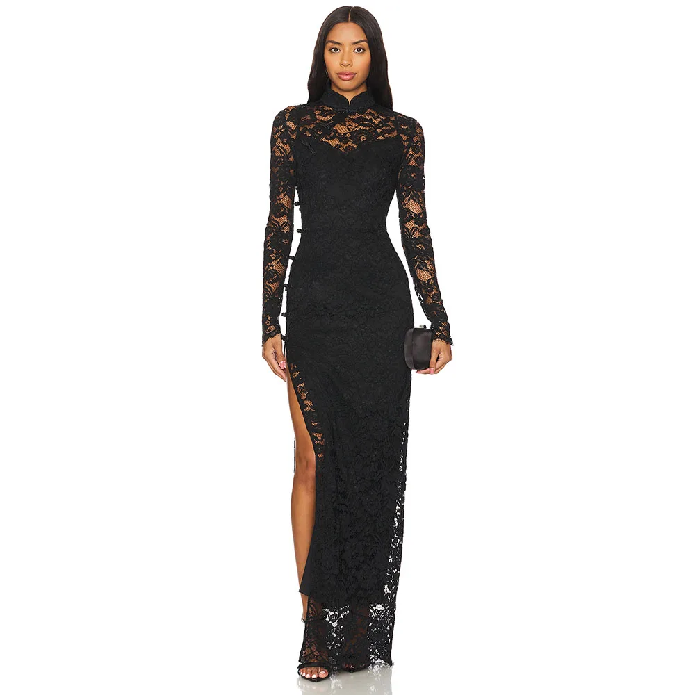 

Illusion Black Lace Women's Evening Gown Mermaid Prom Dress Long Sleeves Formal Floor Length Party Dress 2025 Side Slit Dress