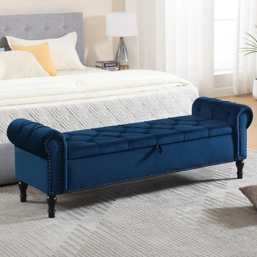 Velvet Storage Bench 67 Inch Upholstered Tufted Ottoman Bench with Arms Large Storage Space King Size End of Bed Bench