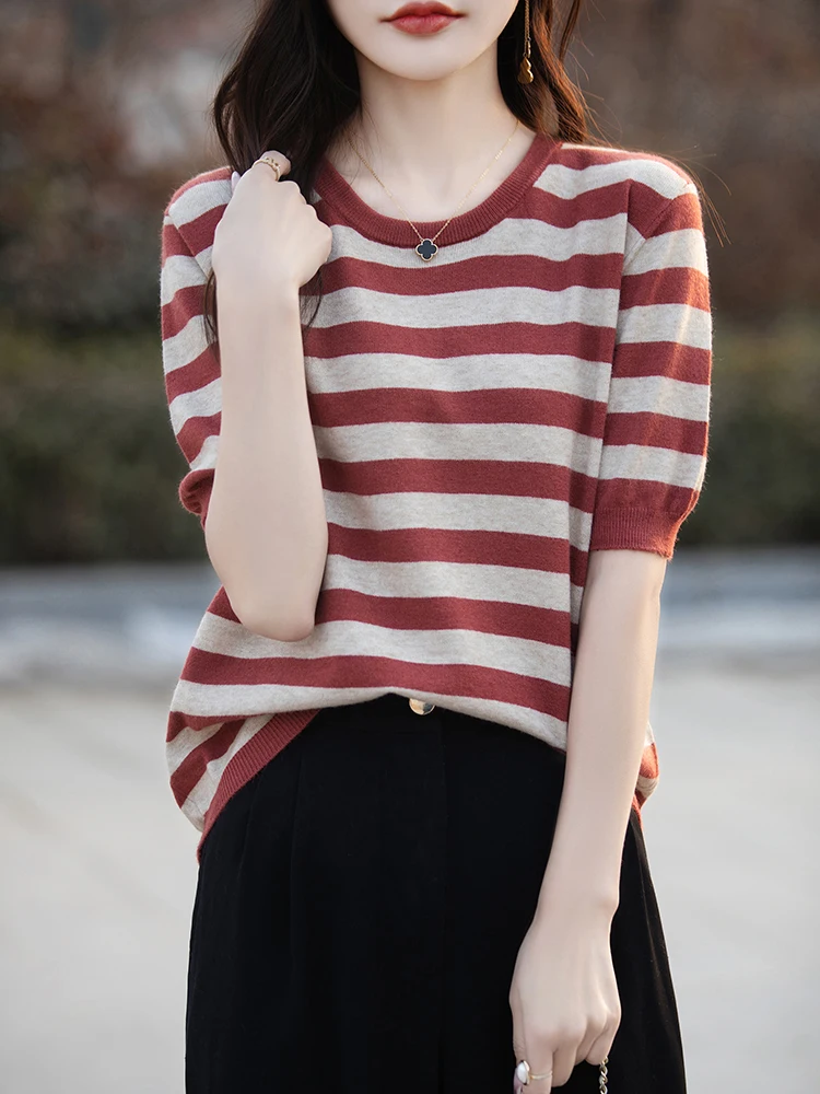  Feel Summer round Ne Striped ort Sve Women's Knitwear Loose Top Inner Wear Casual Sle Spring 2025