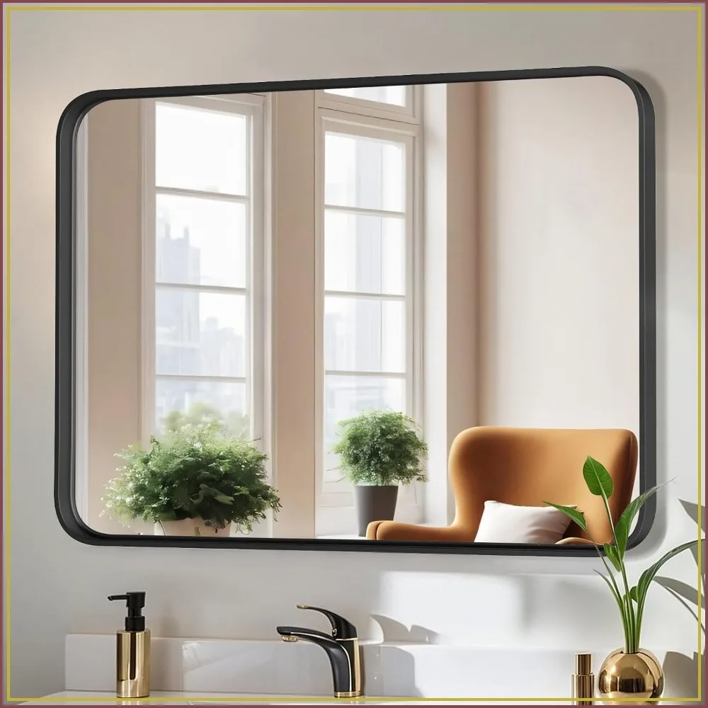 40x30in Black Metal Framed Bathroom Mirror, Rounded Rectangle Wall Mirror, Anti-Rust Tempered Glass, Horizontal/Vertical Hanging