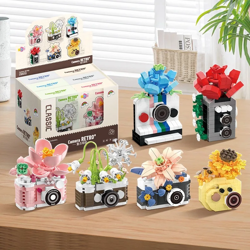 Cute Retro photo Camera with flower model Micro Building Block Mini Diamond Model Brick DIY Toy for Children Desk Decoration