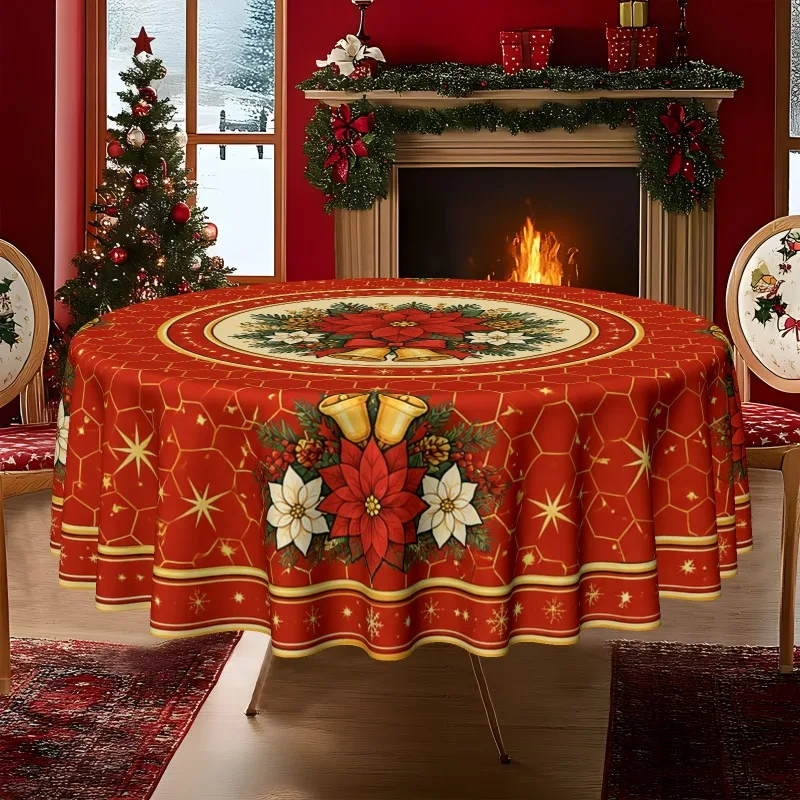 1 tablecloth, Christmas theme, festive Christmas flowers and bell print tablecloth for home kitchen and dining room