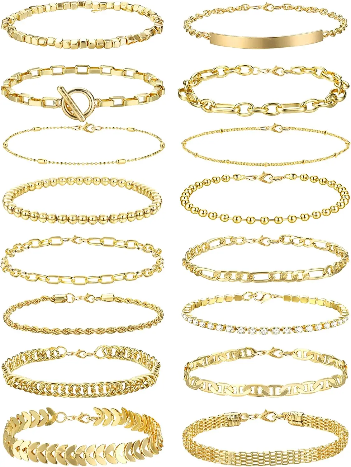 

Florideco 16Pcs 14K Gold Plated Chain Bracelet for Women Stacked Beaded Bracelets Dainty Layered Link Bracelet Sets Adjustable