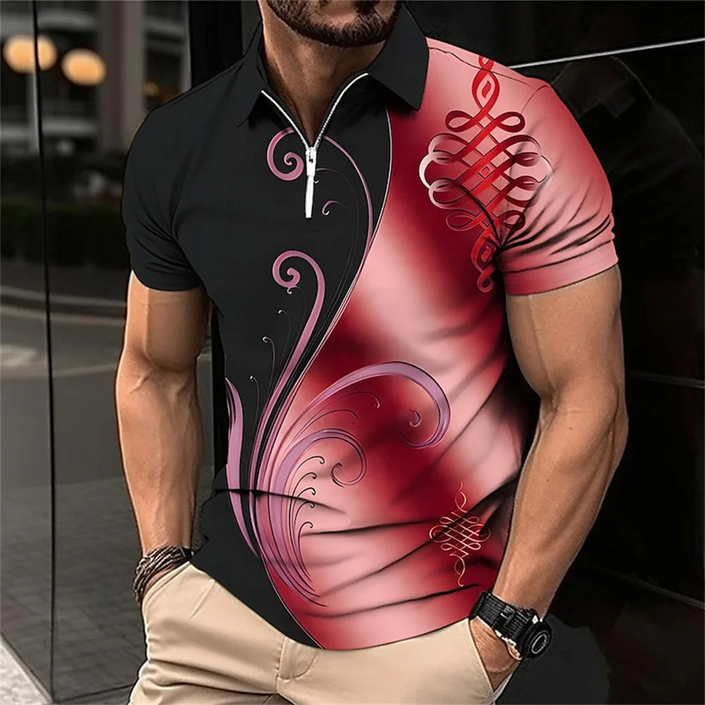 Fashion Zipper Polo Shirt For Men Floral Printed Daily Casual Short Sleeved Loose Oversized Shirt High Quality Men\'S Clothing