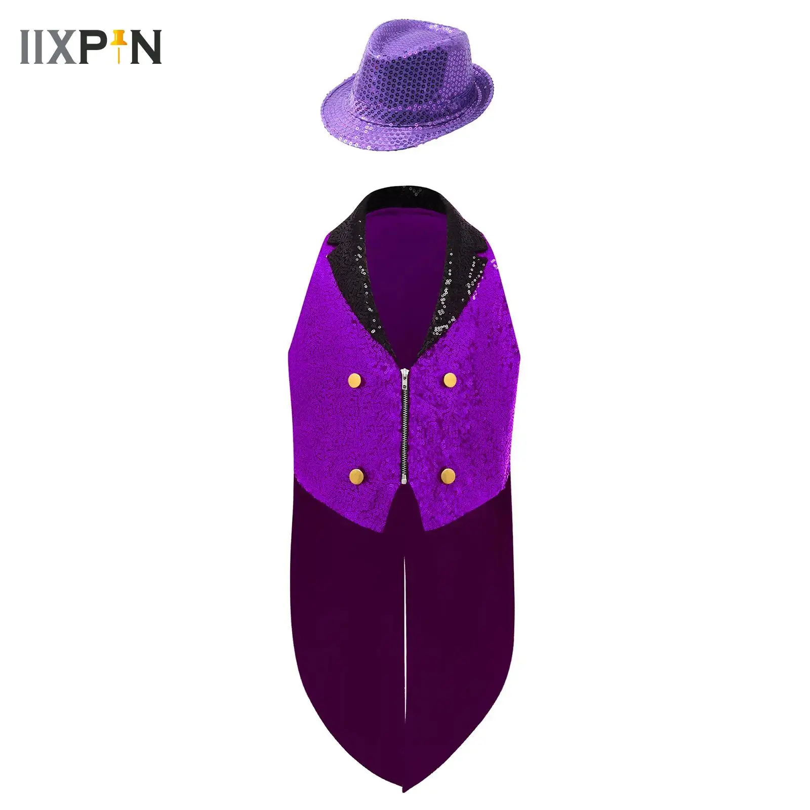 

Boys Long Sleeve Sequin Blazer Tuxedo Coat Magic Circus Shows Prince Cosplay Party Dancing Costume Jazz Dance Tailcoat with Hats