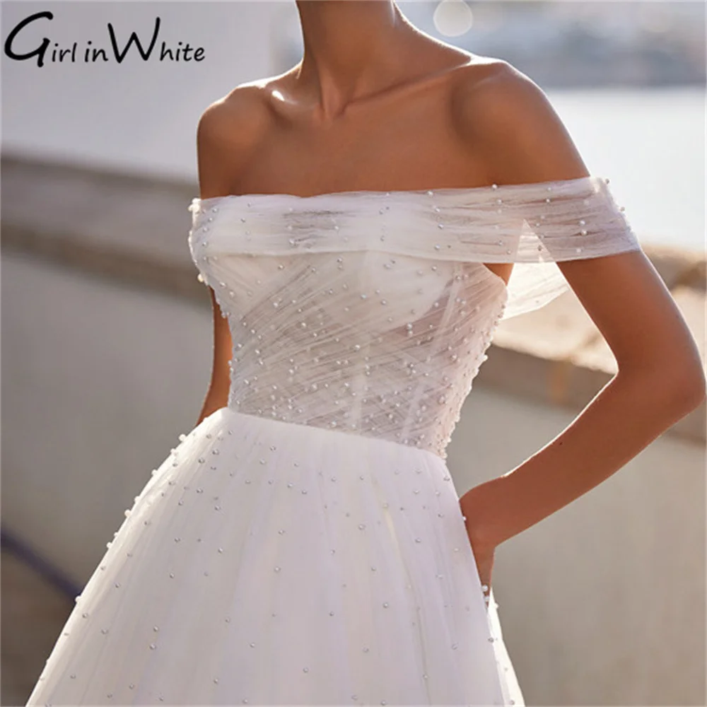 Robe de Mariée Trapèze en Tulle avec Perles de Plage, Tenue Éducative avec Traîne sur Mesure