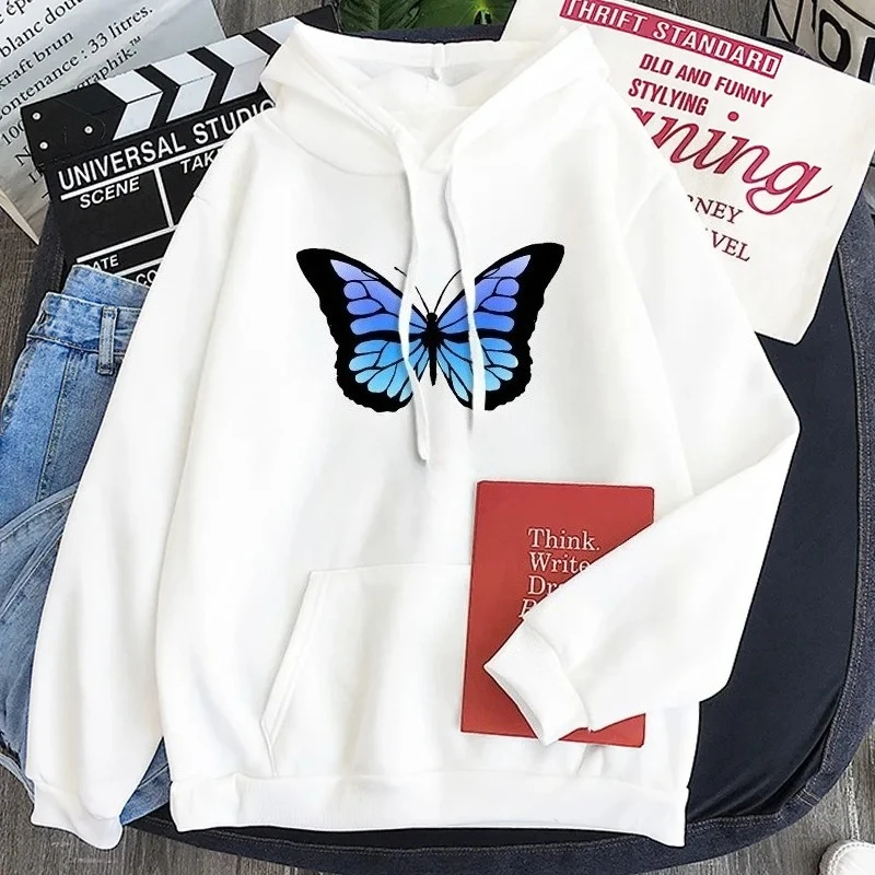 Korean Butterfly Hoodie Harajuku Streetwear Trend Gradient Graphic Print Women Oversize with Pocket Long Sleeve Aesthetic Hoodie