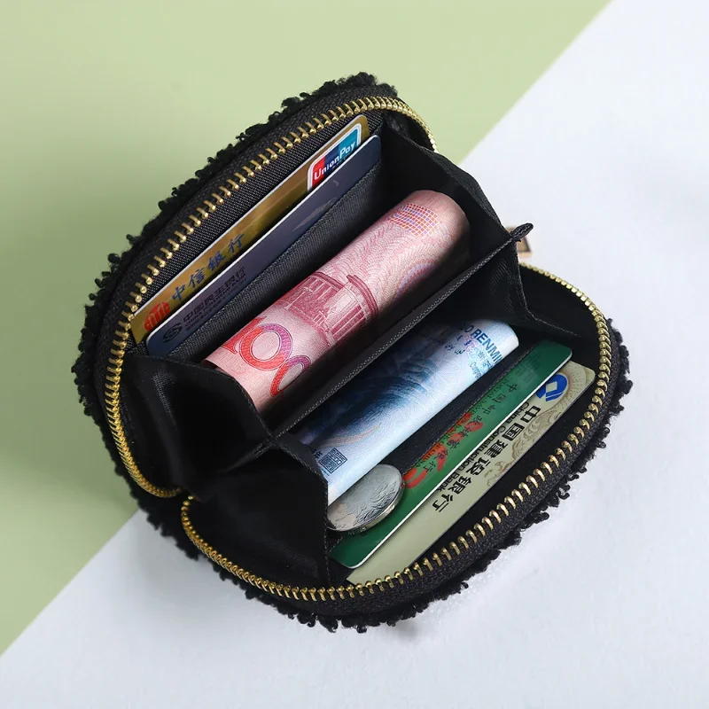 2023 Black White Plush Money Wallet for Women Short Zipper Coin Bags Purse Unisex Top-hand Pouch ID Credit Card Holder Bags