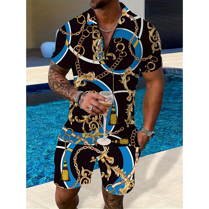 Summer Casual Breathable Suit Men\'s Sports Printed Chain Pattern Oversized Men\'s Suit Loose Top Y2k Style Shirt Short Sleeves