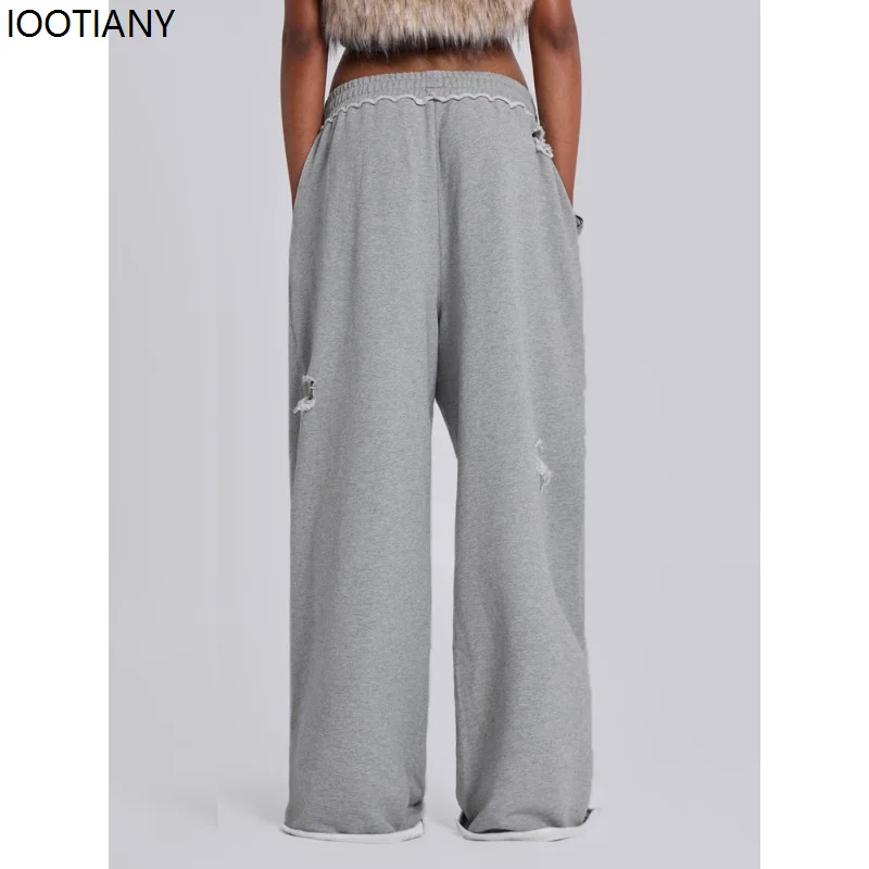 Y2k Grey Ripped Women's Jogging Wide Leg Pants American Retro Hip-hop Drape Thin Sports Pants Solid Color Loose Casual Summer