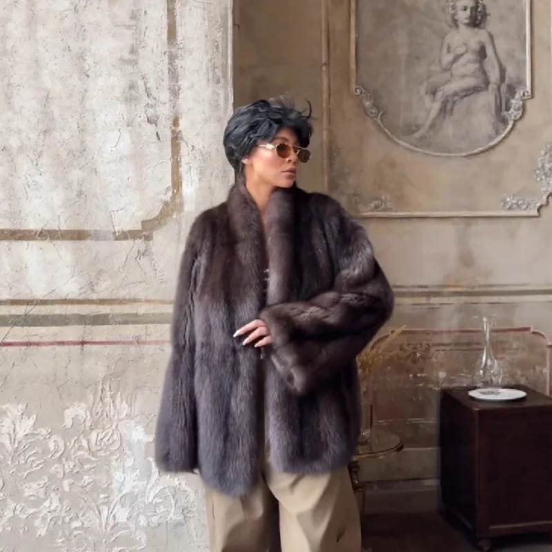 Fl marrom casaco de pele de comprimento médio feminino lapela botão escondido solto elegante outerwear 2025 moda escritório senhora comutar casaco novo