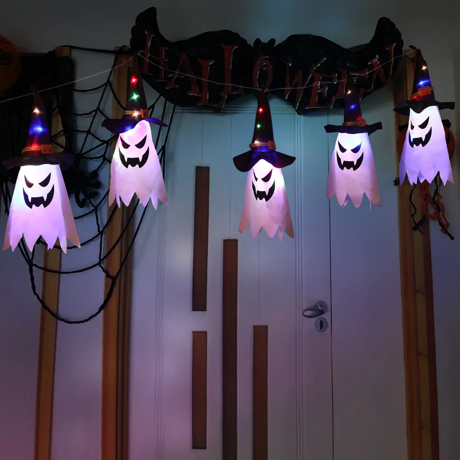 5pcs, Halloween decorative lights Creative haunted house scene spooky atmosphere layout LED lights ghost wizard hat