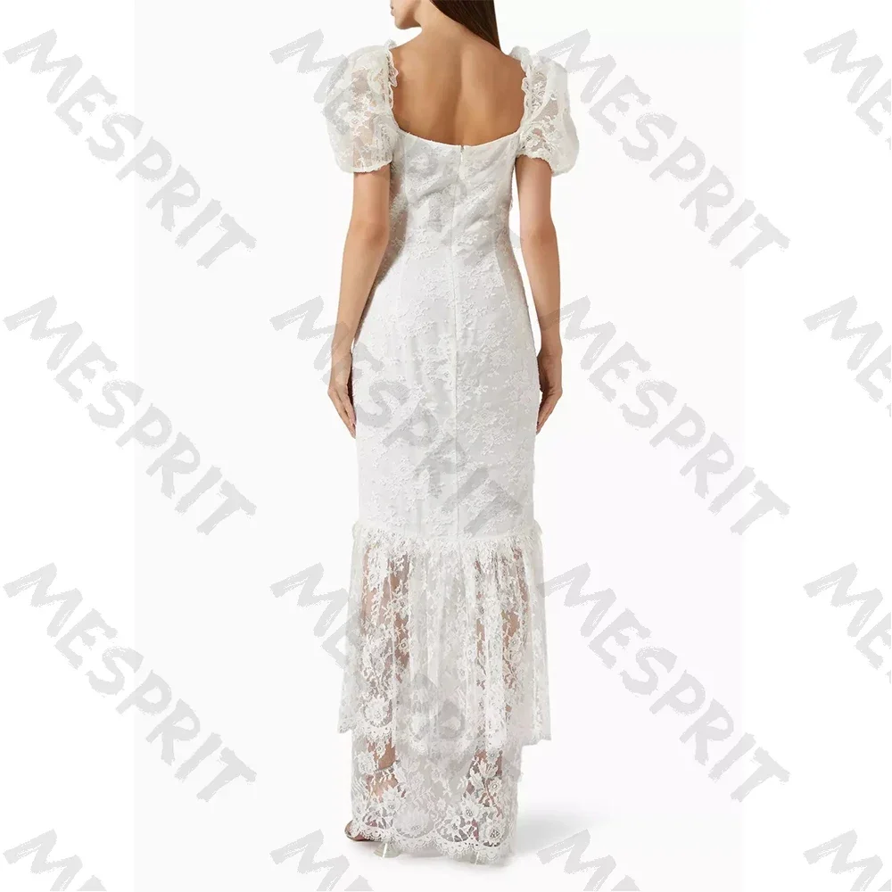 Customized Elegant Lace Bubble Sleeve Evening Dresses 2026 Square Collar Ruffle Bow Slimming Ball Gown Suitable for Parties