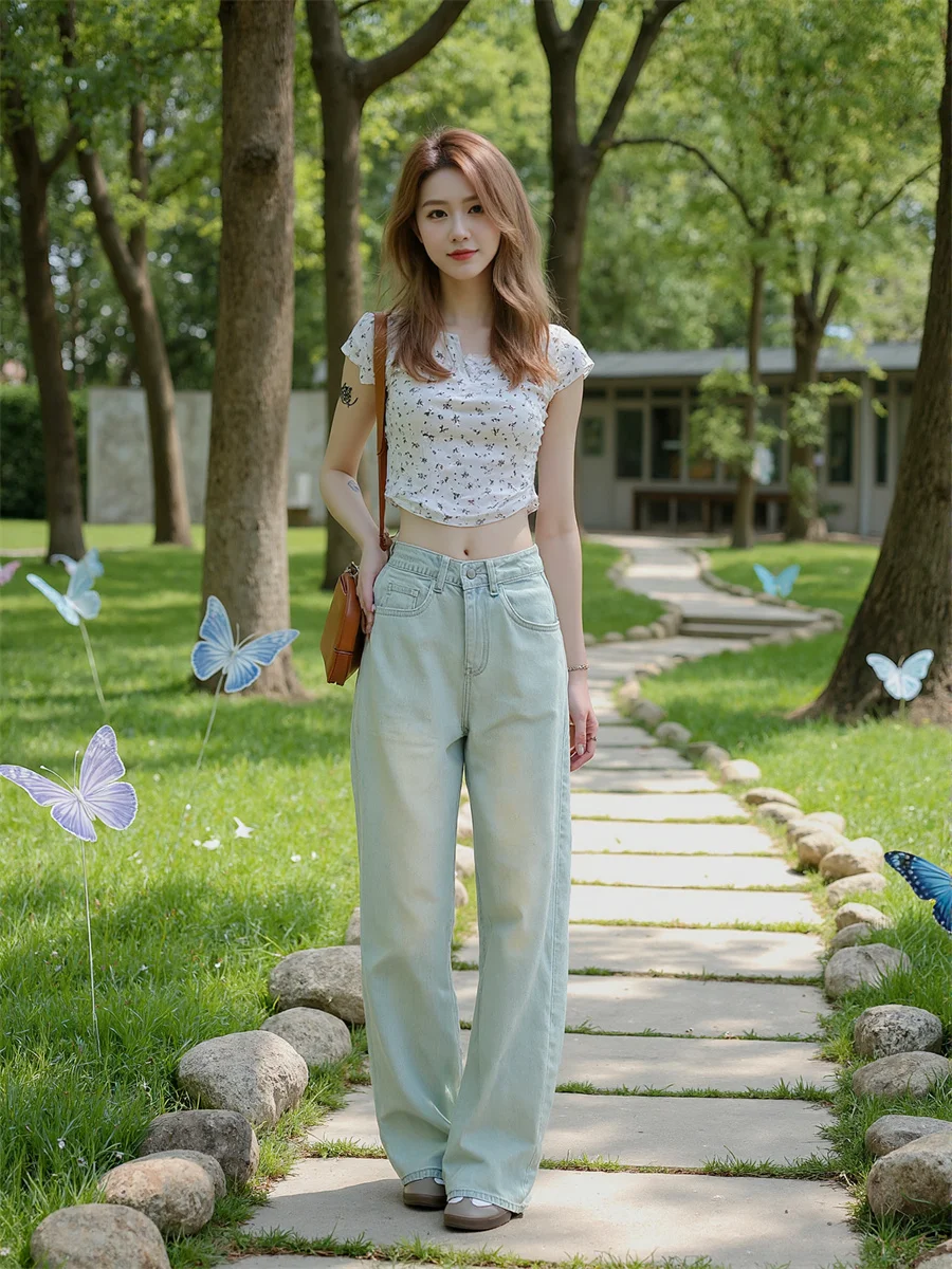 

Floor Wide Leg Distressed Jeans Womens Boyfriend Loose Fit Baggy Stretchy Soft Pleasant Cropped Hem Frayed Trend Patchwork