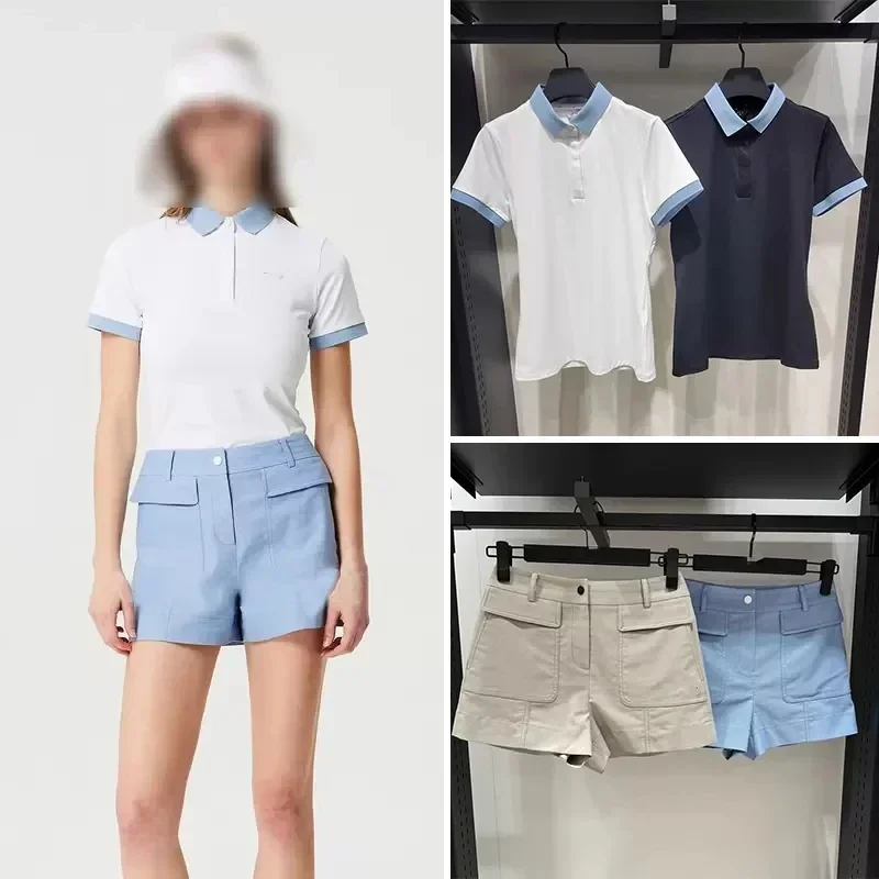 2024 여성용 니트 아이스 실크 골프 티셔츠, 반팔 포켓 골프 반바지, 캐주얼 단색, 여름 