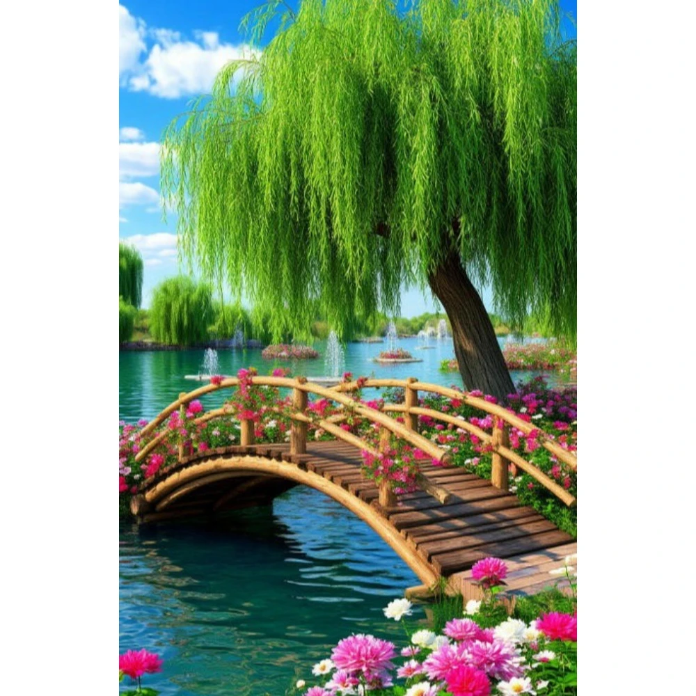 

500/1000/1200/2000 PCS Jigsaw Puzzles Willow Trees and Bridge Family Activity Relaxing Games for Living Room Home Decor Gift