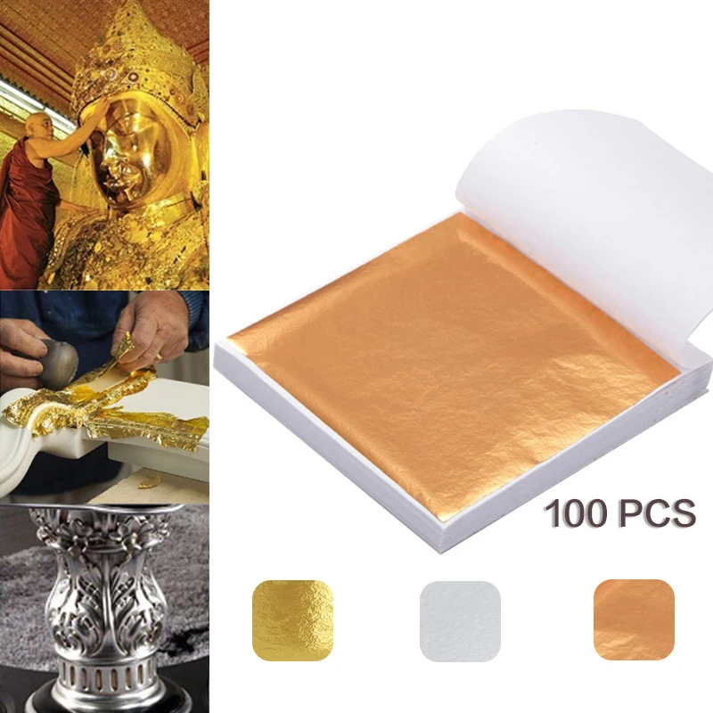 100Pcs 9X9ซม.ศิลปะการออกแบบแผ่นกระดาษปฏิบัติบริสุทธิ์ทองเงาเงินทองคำสีกุหลาบ Leaf Gilding DIY Craft ตกแต่ง