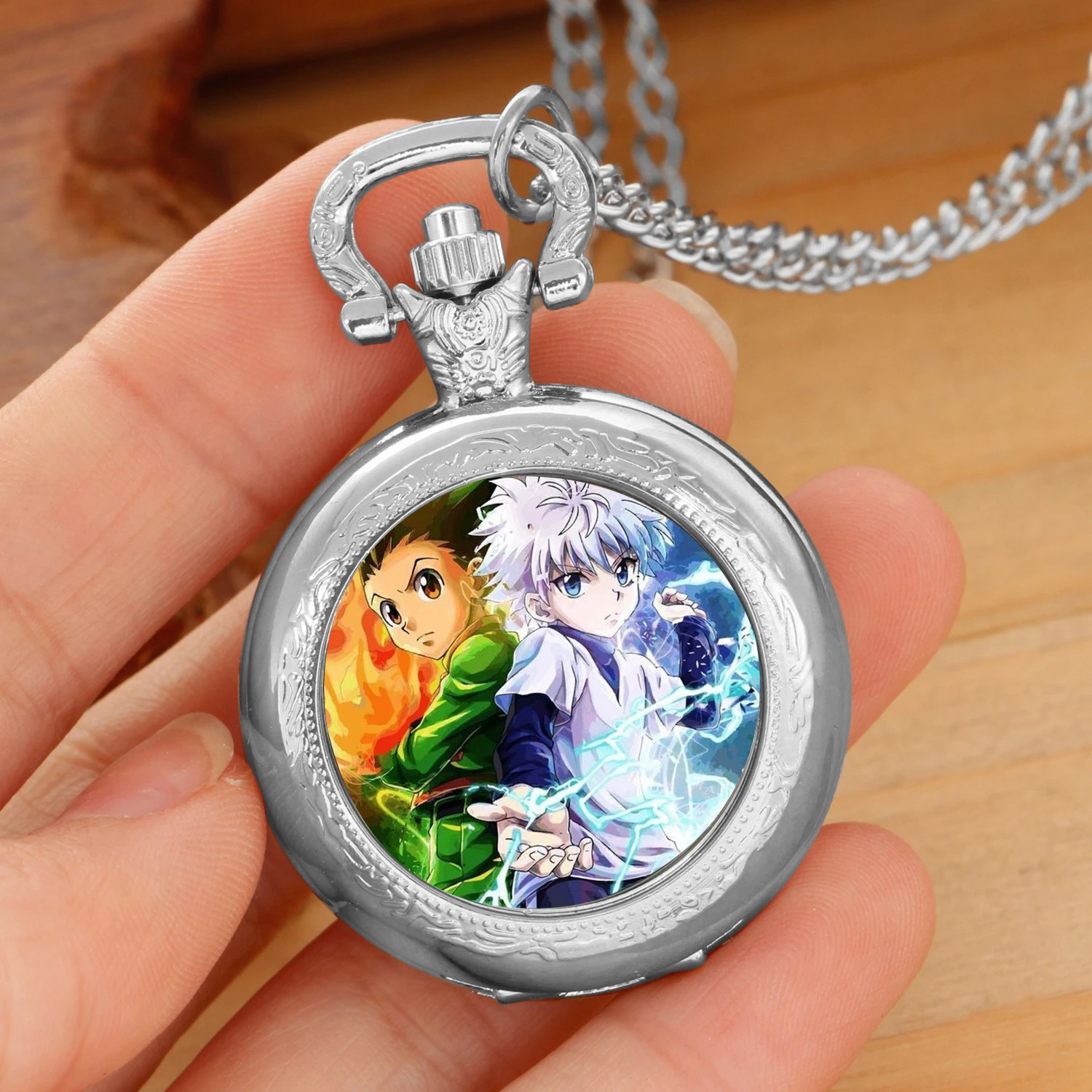 موضة الفضة الفولاذ المقاوم للصدأ هنتر X هنتر كيلوا Zoldyck ساعة جيب كوارتز قلادة المرأة مجوهرات سلسلة بدلاية