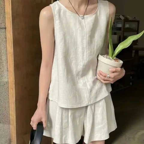 REALEFT Summer Vintage Linen 2 Pieces Women's Short Suits 2025 New Sleeveless Tank Top and Casual Shorts Outfits Sets for Womens