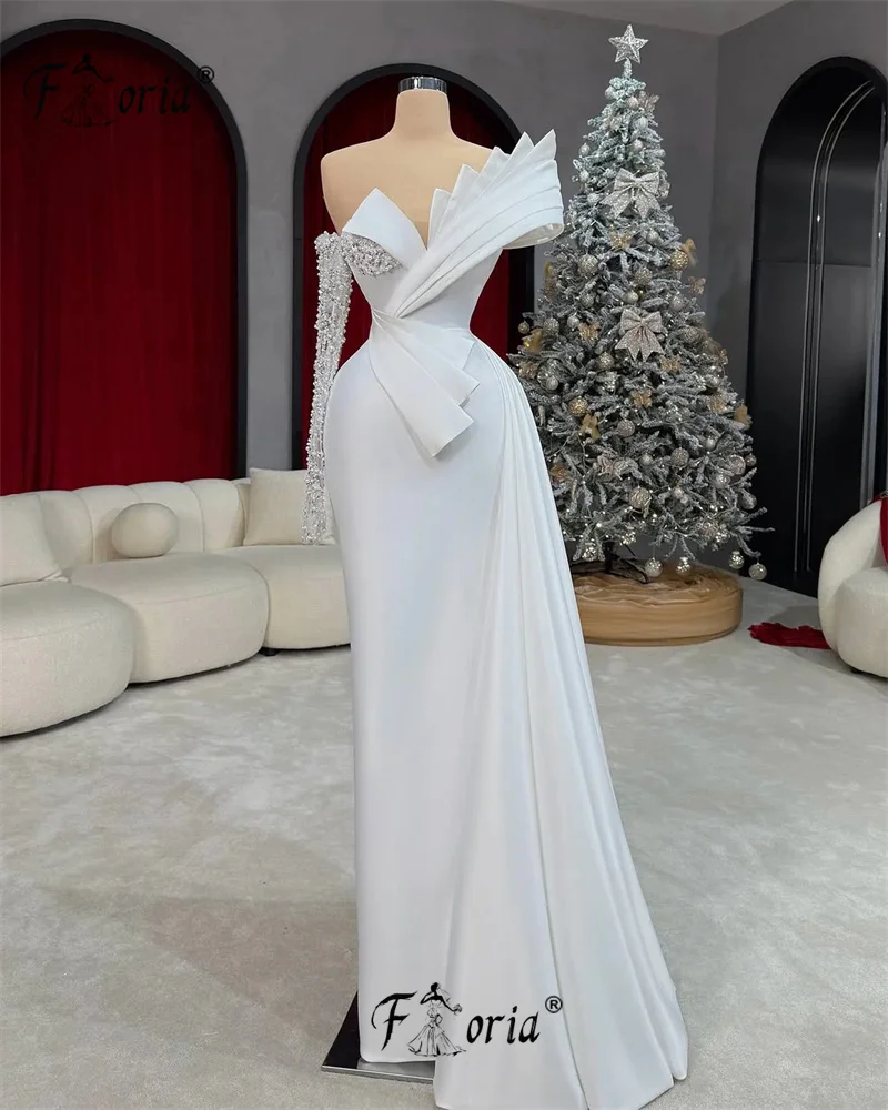 Luxury White Bead Mermaid Wedding Event Dress with Side Train Customized Elegant Pearls Dubai Formal Evening Gowns Gala Vestidos