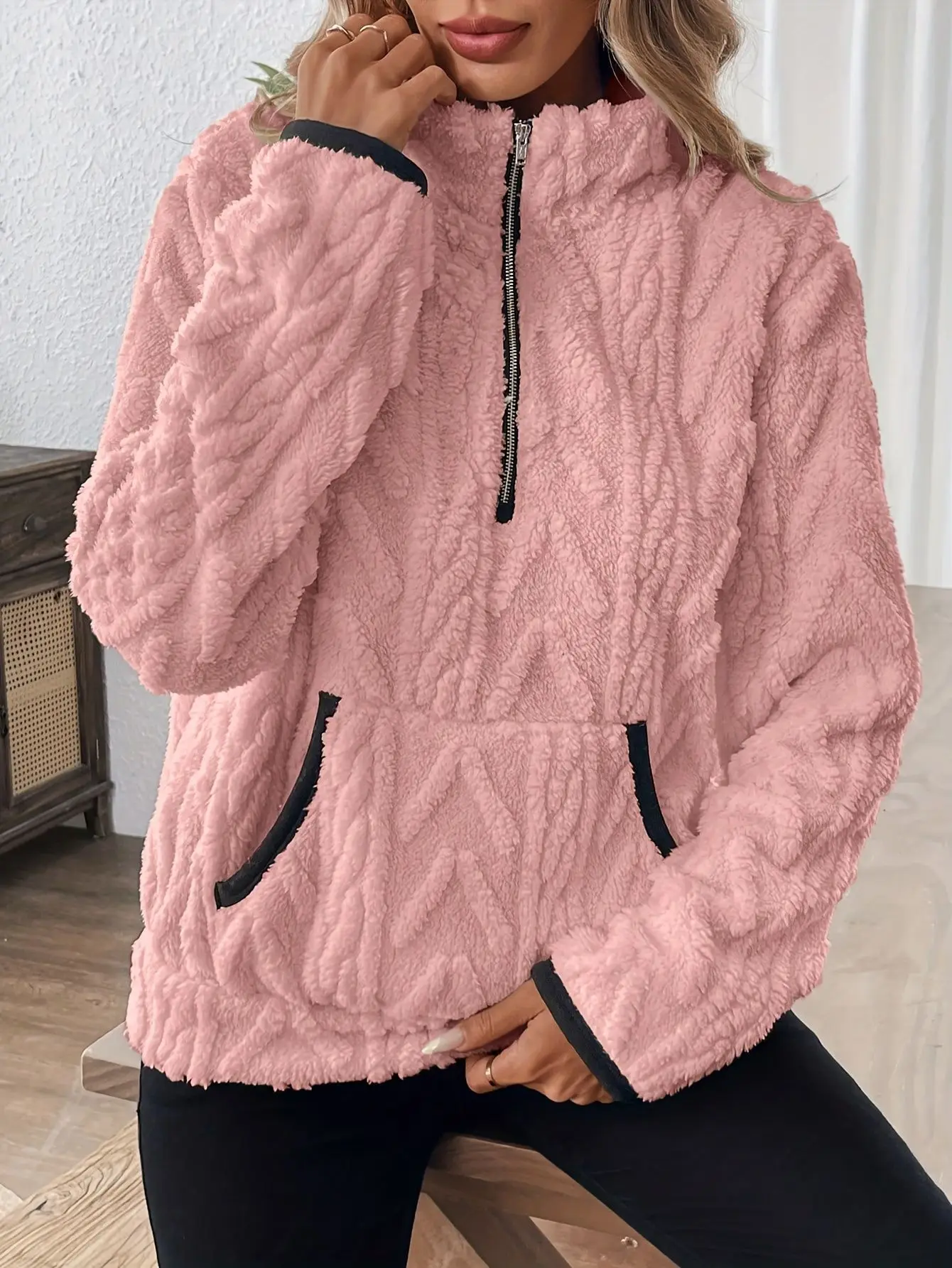 

Autumn Winter Warm Sweatshirt For Women Fashion Solid Color Loose Casual Stand Collar Zipper Long Sleeve Pocket Plush Top