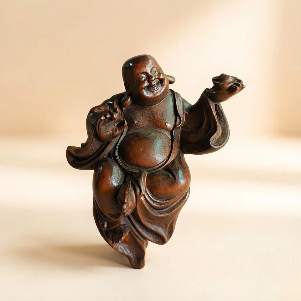 Boxwood Hand Carved Maitreya Buddha Statue Chinese Laughing Buddha Figurine Hold Ingot Home Decor Collectible Craft Ornament