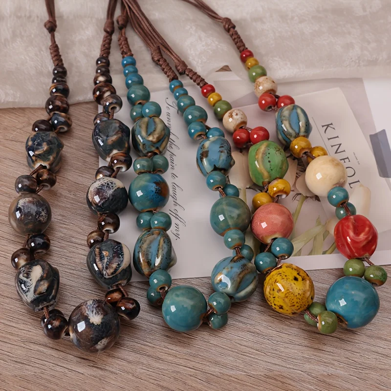 Bohemian Retro Style Ceramic Bead Adjustable Necklace - Hand-Woven Ethnic Style Retro Adjustable Necklace, Suitable for Women's