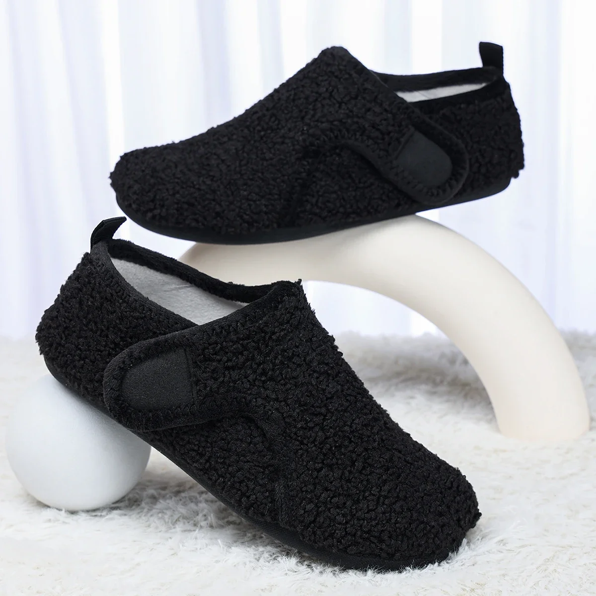Men's Winter Warm Slippers Adjustable Velcro Fleece Lined House Shoes Non Slip Cotton Shoes Large Size 34-47